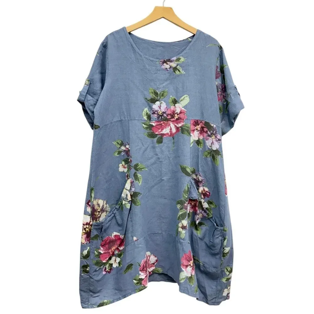 VASNA Rolled Sleeve Floral Linen Tunic Dress in Dusty Blue size Large NWT - Picture 2 of 6